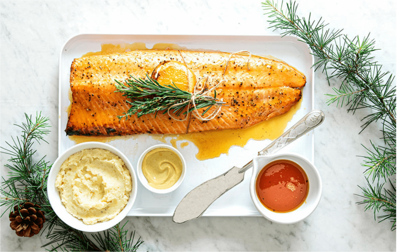 Salmon whole fillet perfumed  with orange, soya & honey  Served with potato-mustard purée